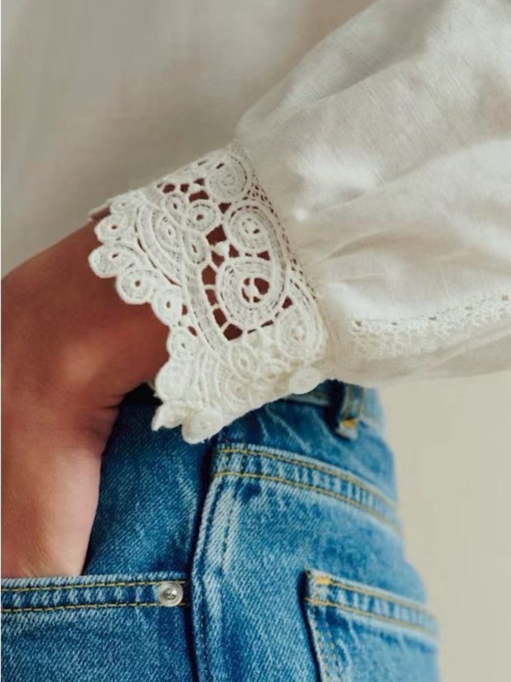 SEZANE CHLO SHIRT Lace-Trim Ruffled Blouse, S M L - Picture 3 of 12